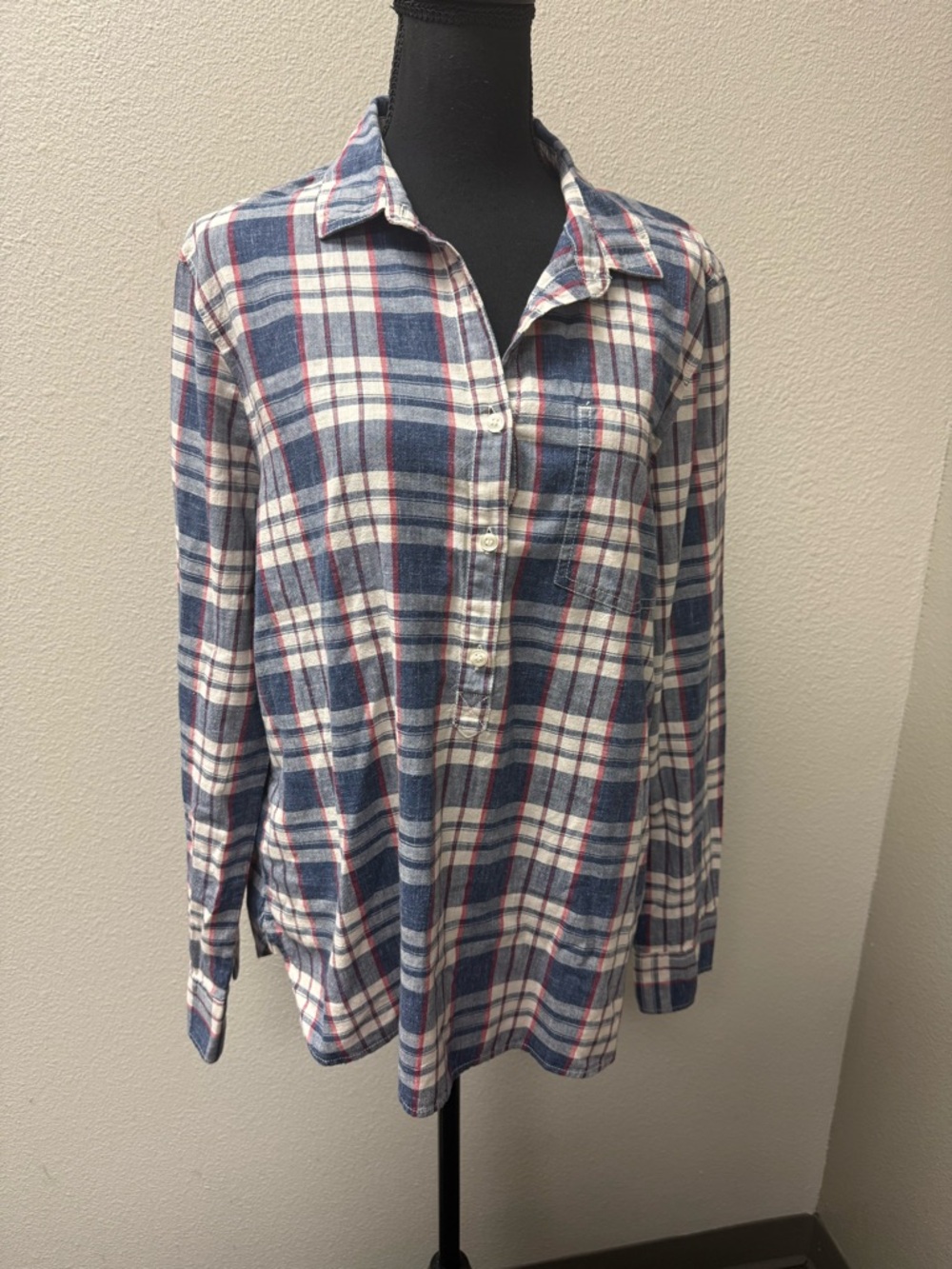 J.Crew Plaid Shirt Blue Cream Red Cotton Button Front Long Sleeve Top L